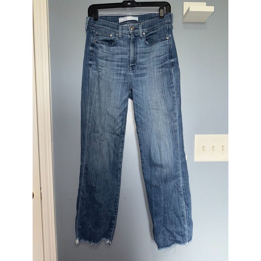 AYR The Pop Medium Wash High Rise Straight Leg Raw Hem Jeans | Size 29L